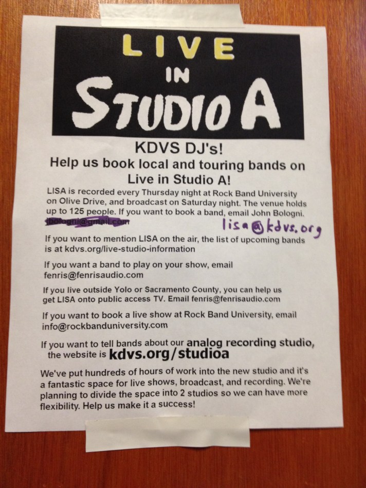 Live In Studio A - booking info posted inside of the KDVS radio Staion.